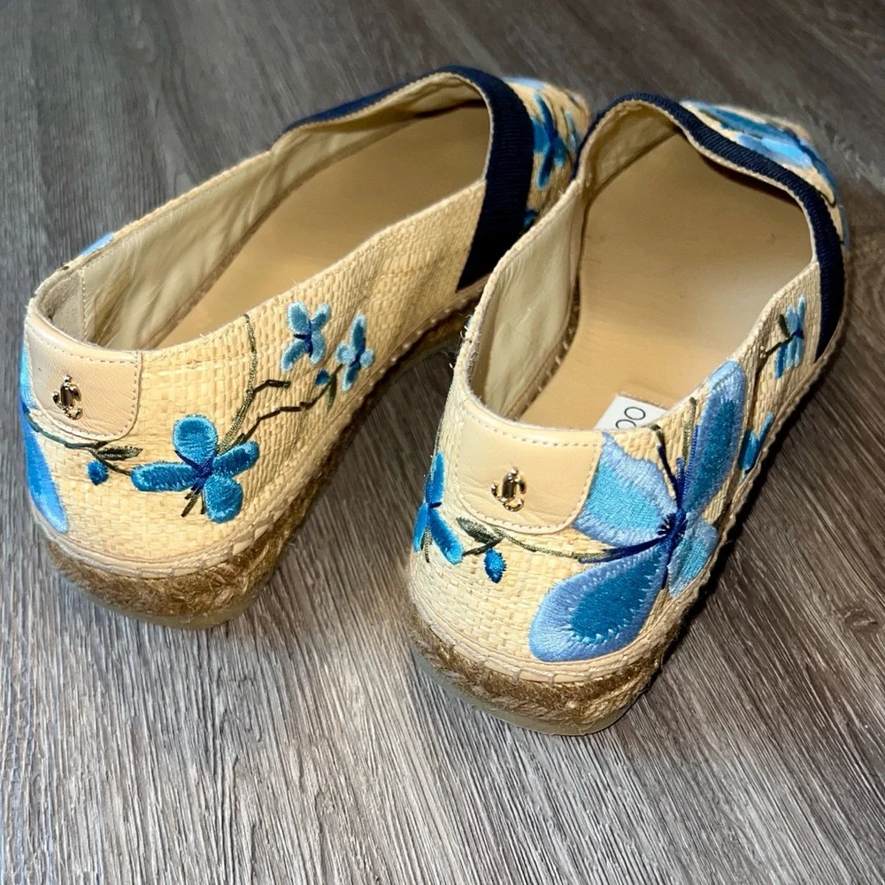 NWOB $345 Jimmy Choo Floral Espadrille Flats Blue Butterfly Espadrilles Shoes